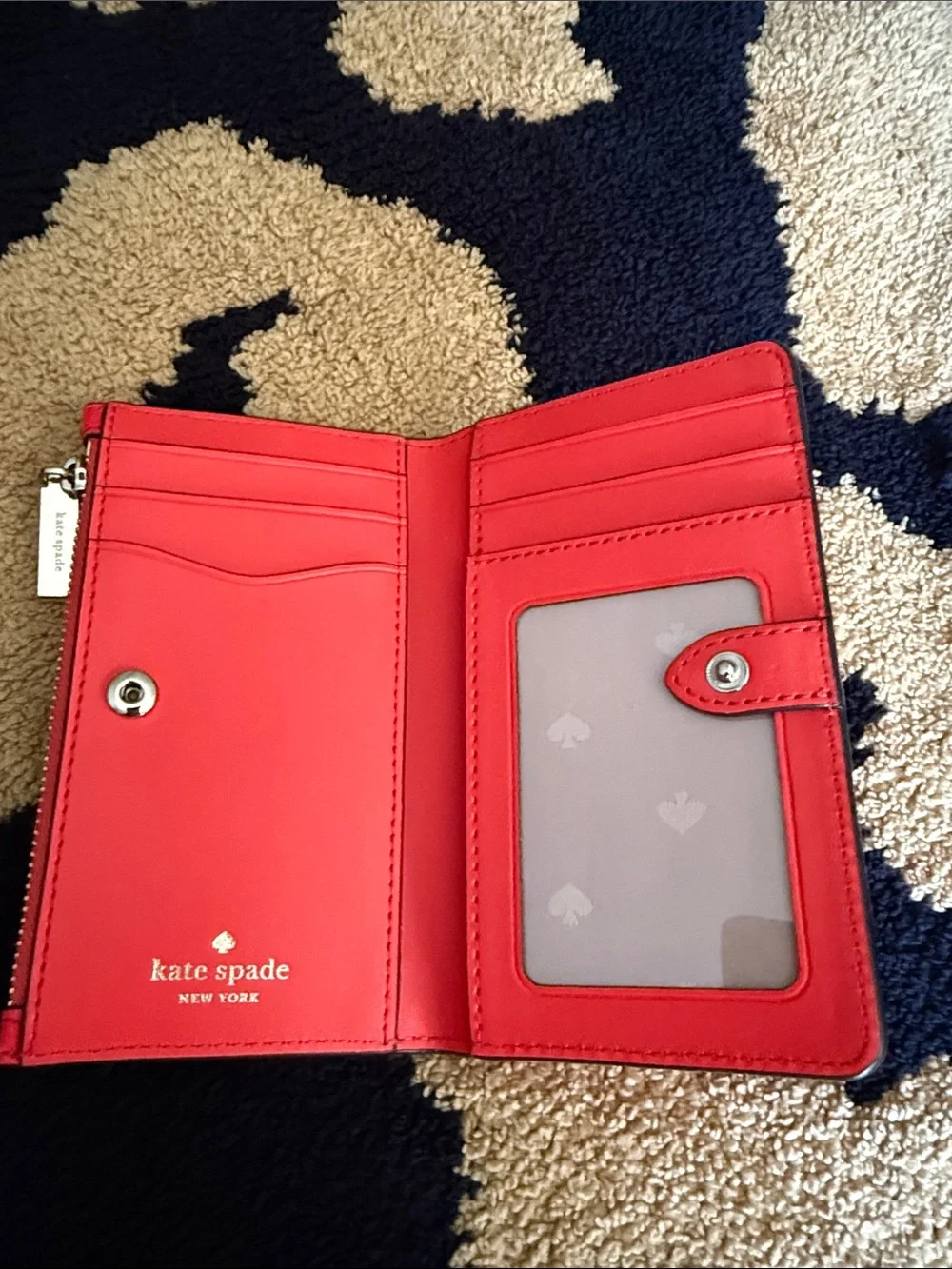 kate spade Red Pebbled Leather Zip Card Holder with Gold Logo